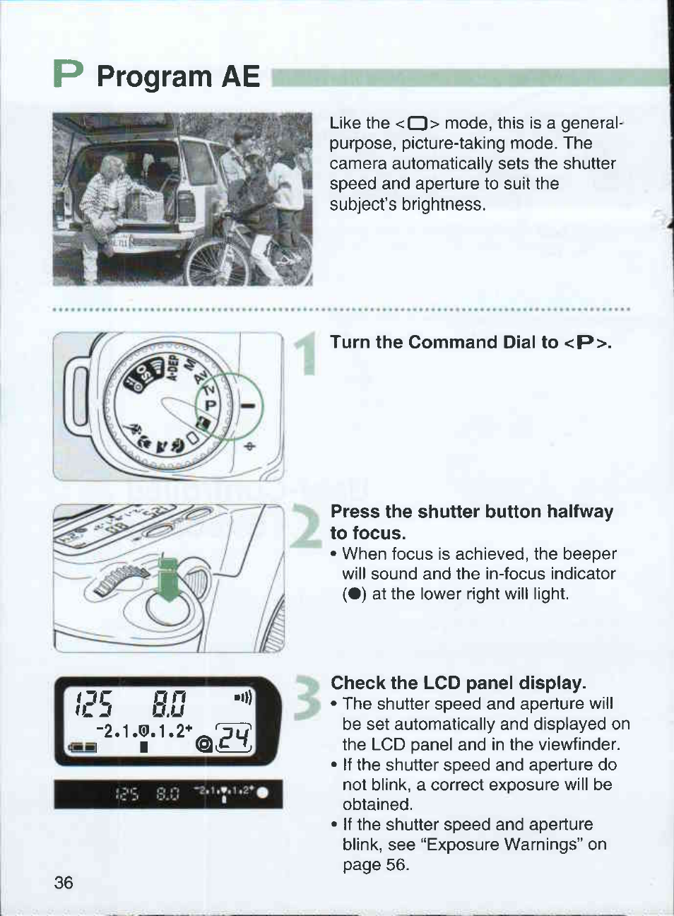 P program ae, Turn the command dial to <p, Press the shutter button halfway to focus | Check the lcd panel display, Program ae | Canon EOS 3000 QD User Manual | Page 36 / 72