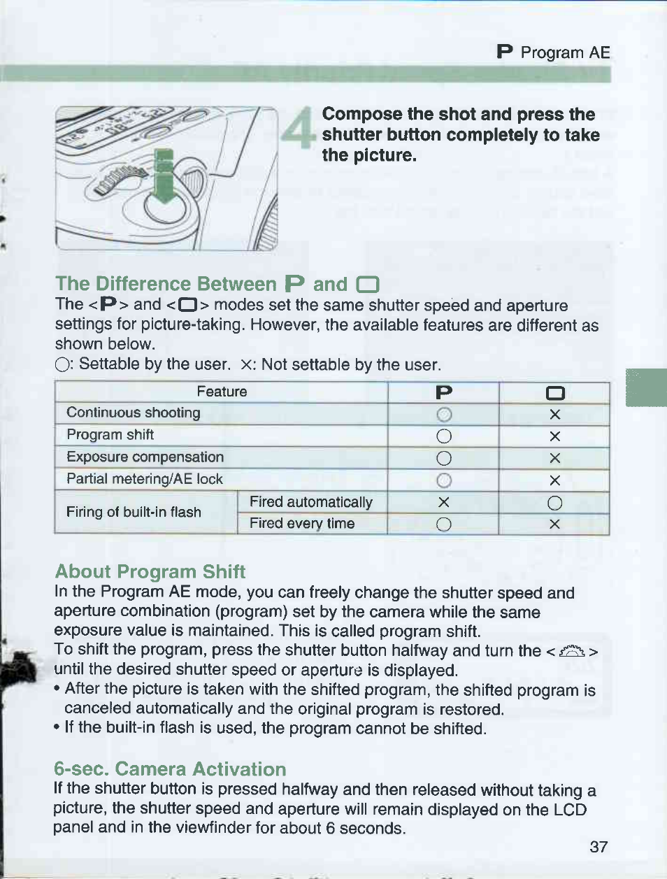 About program shift, Sec. camera activation, About program shift 6-sec. camera activation | Canon EOS 3000 QD User Manual | Page 37 / 72