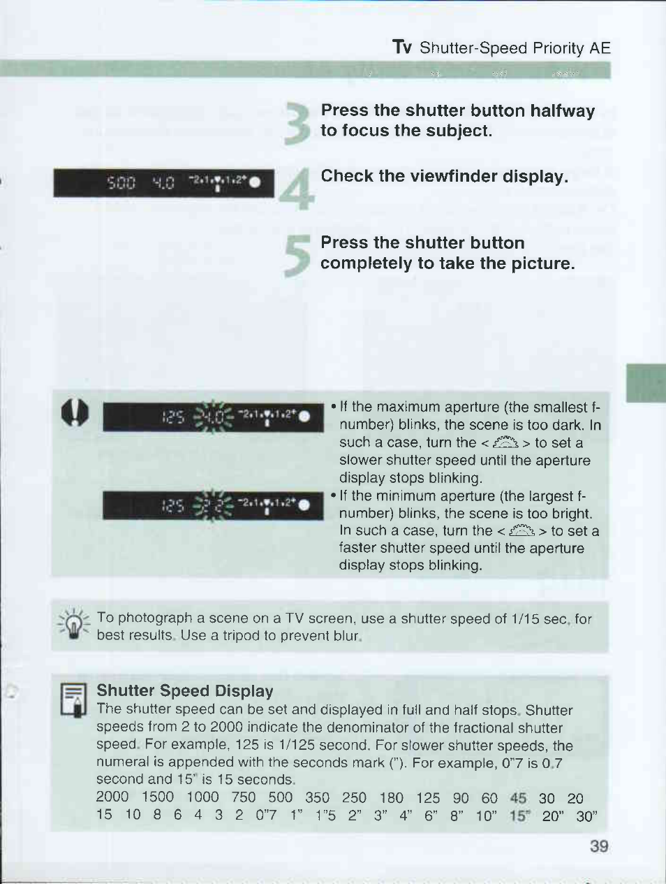 Check the viewfinder display, Shutter speed display | Canon EOS 3000 QD User Manual | Page 39 / 72