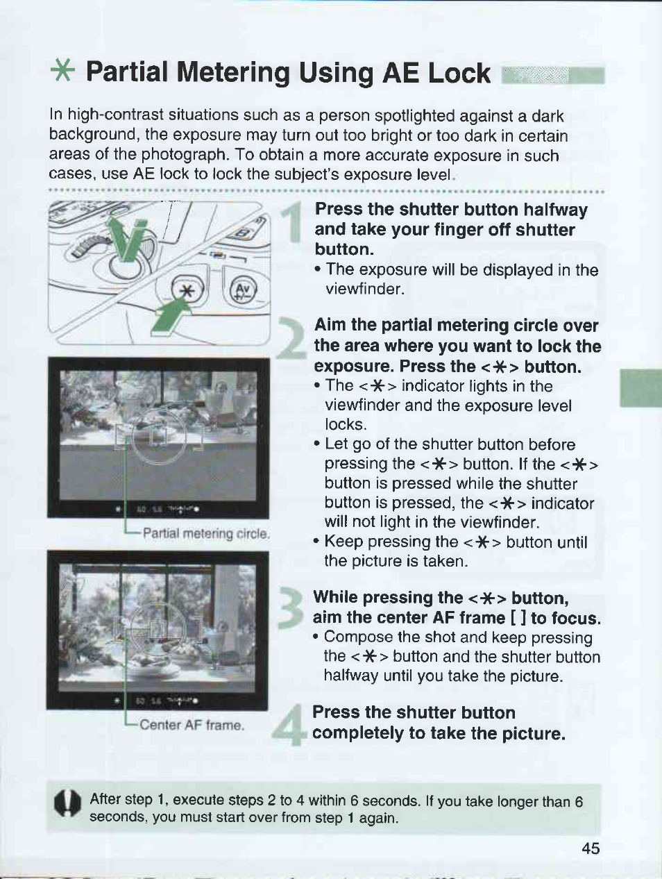 Partial metering using ae lock | Canon EOS 3000 QD User Manual | Page 45 / 72