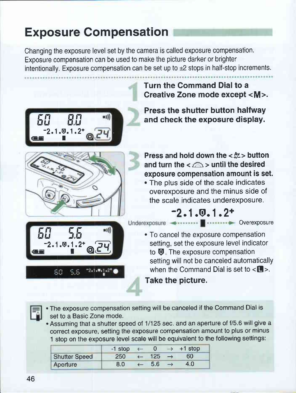 Exposure compensation, Take the picture | Canon EOS 3000 QD User Manual | Page 46 / 72