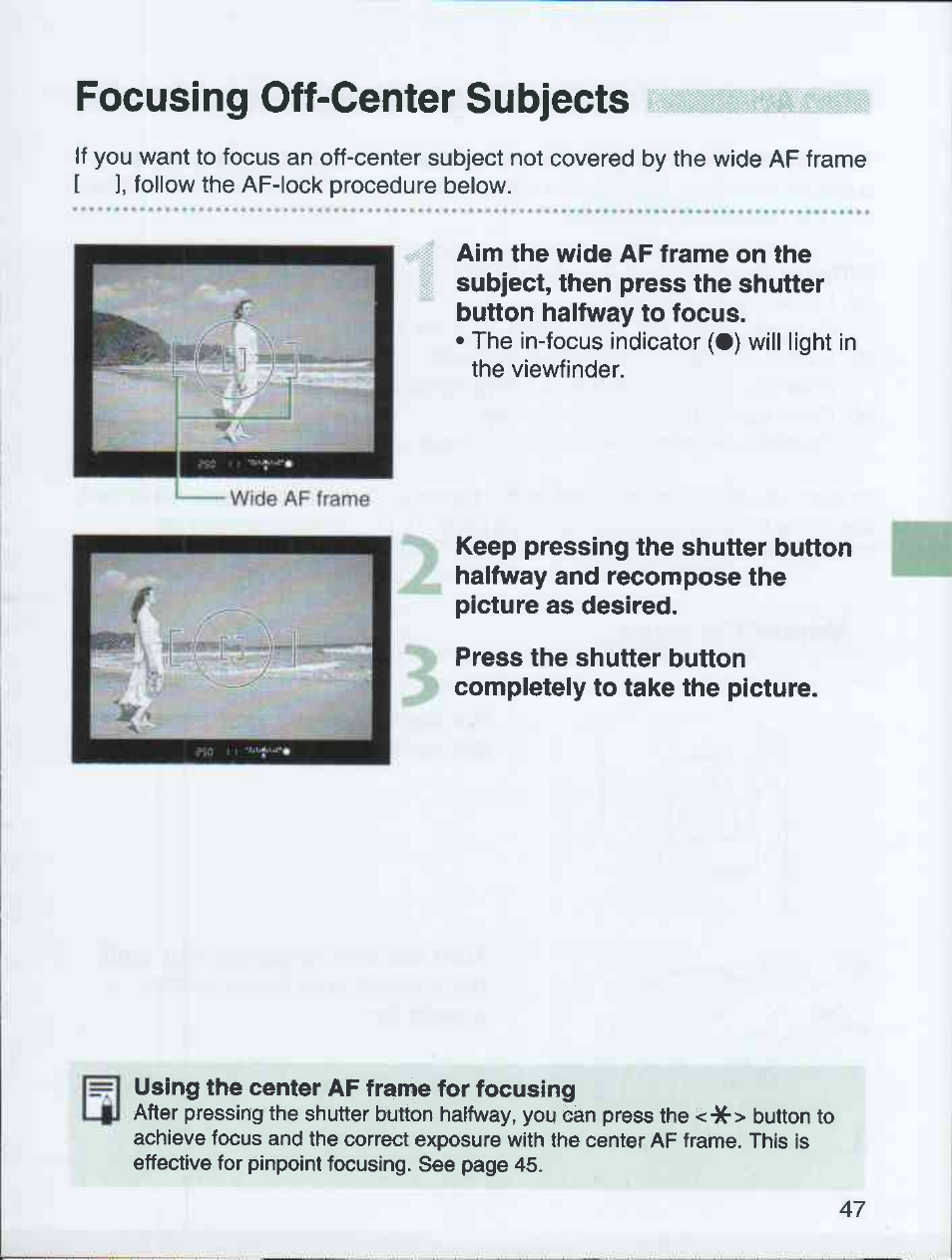 Focusing off-center subjects | Canon EOS 3000 QD User Manual | Page 47 / 72
