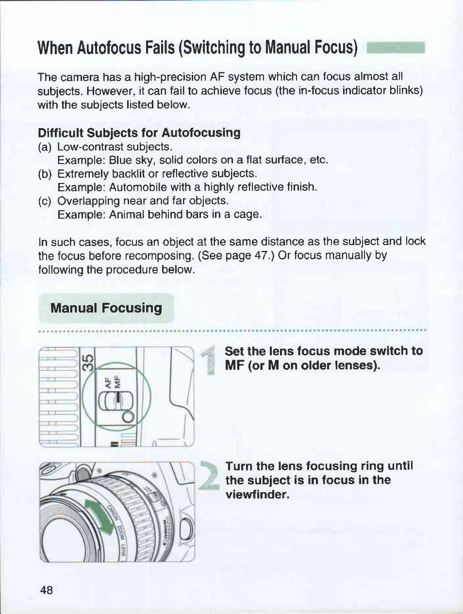 When autofocus fails (switching to manual focus), Difficult subjects for autofocusing, Manual focusing | Canon EOS 3000 QD User Manual | Page 48 / 72