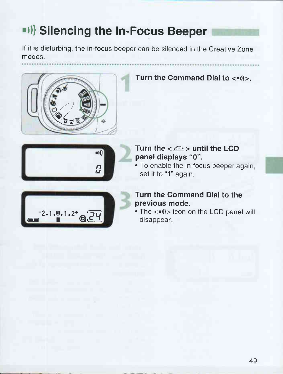0) silencing the in-focus beeper, Turn the command dial to <»o), Turn the <i£5s> until the lcd panel displays “0 | Turn the command dial to the previous mode | Canon EOS 3000 QD User Manual | Page 49 / 72