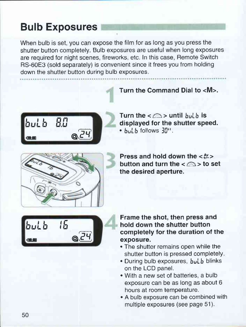 Bulb exposures, Turn the command dial to <m | Canon EOS 3000 QD User Manual | Page 50 / 72