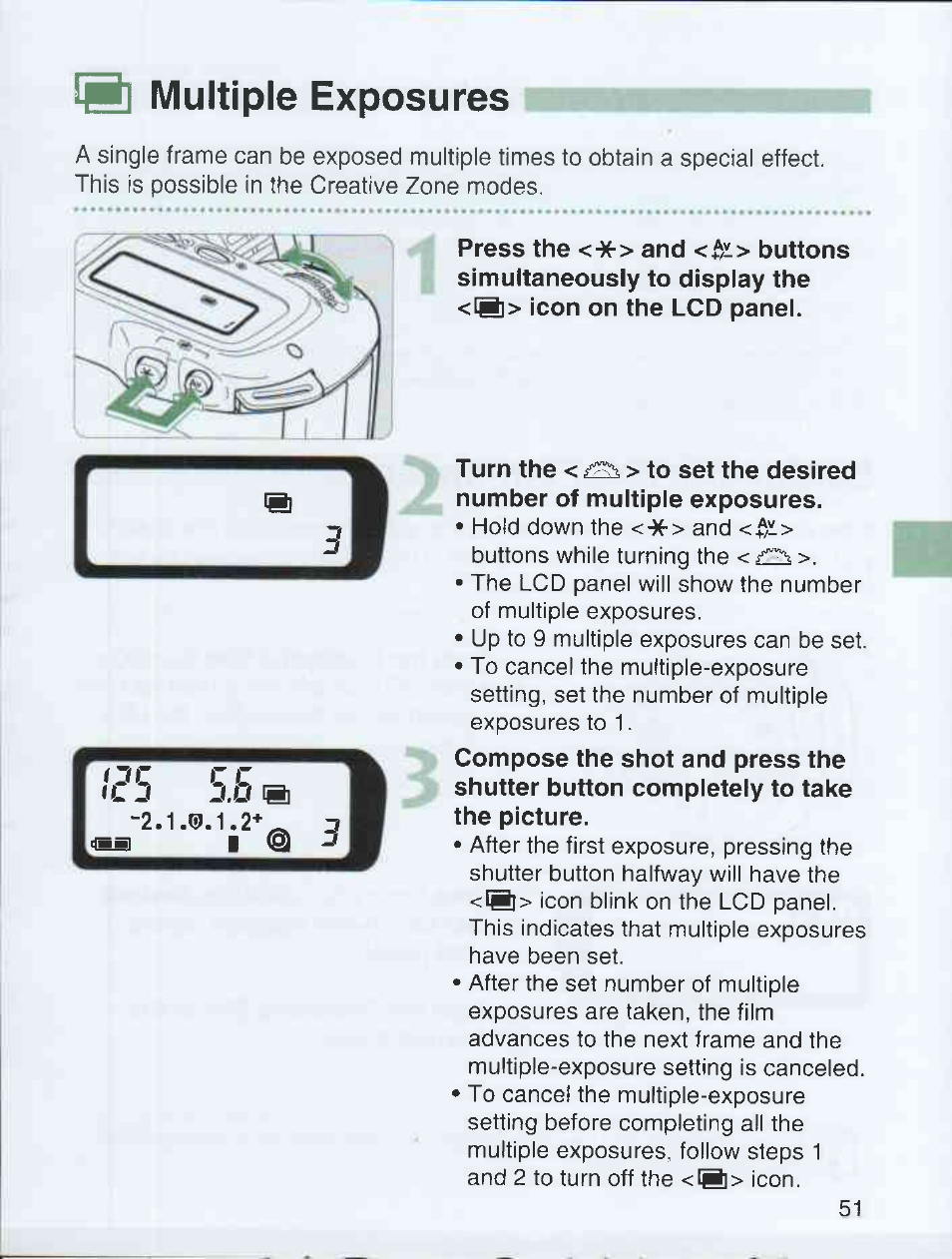 B multiple exposures, Turn the < ¿si > to set the desired, Sb multiple exposures | Canon EOS 3000 QD User Manual | Page 51 / 72