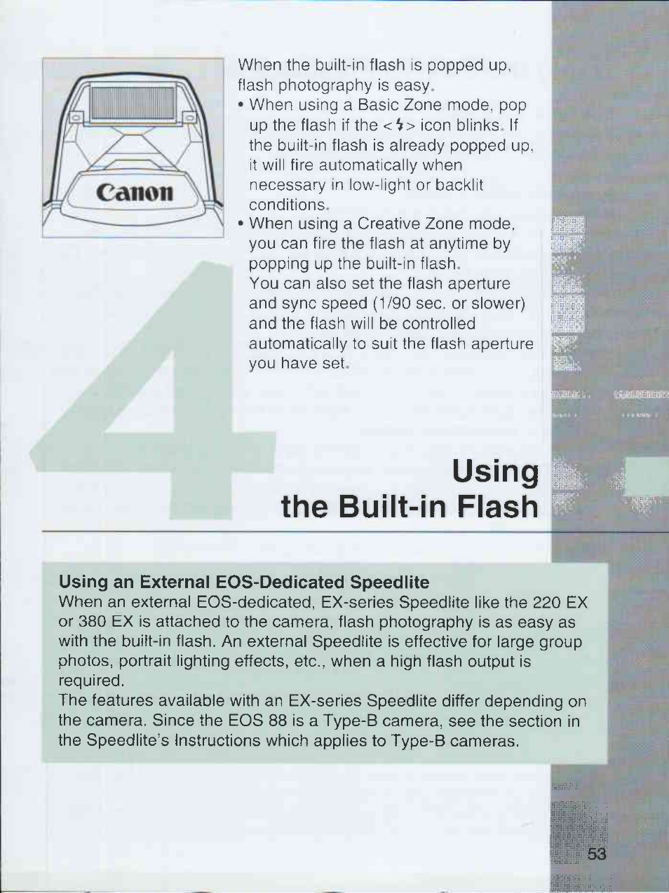 Using an external eos-dedicated speedlite, Using the built-in flash | Canon EOS 3000 QD User Manual | Page 53 / 72