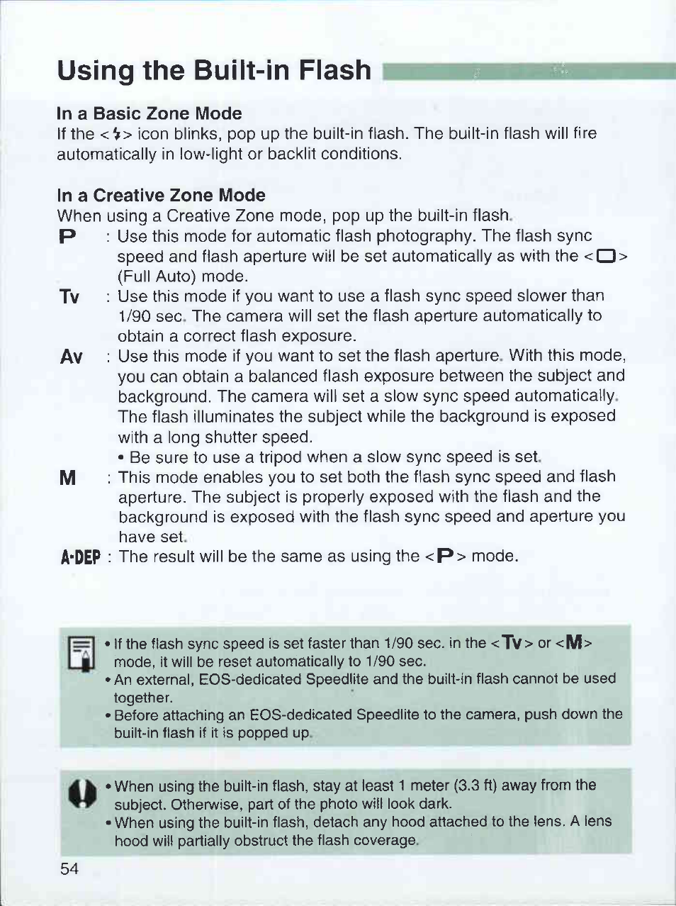 Using the built-in flash, In a basic zone mode, In a creative zone mode | A-dep | Canon EOS 3000 QD User Manual | Page 54 / 72