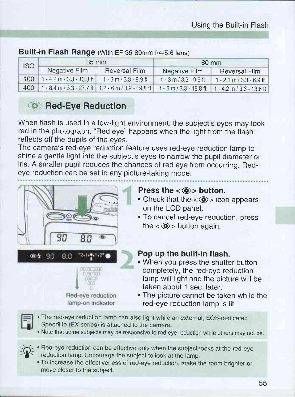 P> red-eye reduction, Press the «s» button, Pop up the built-in flash | Red-eye reduction, Built-in flash range, Press the, Button | Canon EOS 3000 QD User Manual | Page 55 / 72