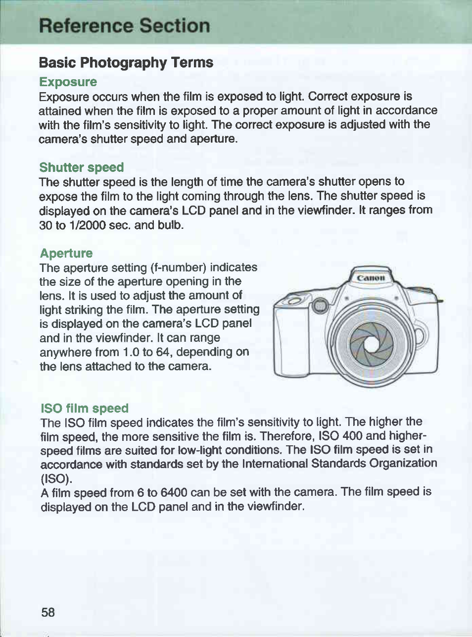 Basic photography terms, Shutter speed, Aperture | Iso film speed | Canon EOS 3000 QD User Manual | Page 58 / 72