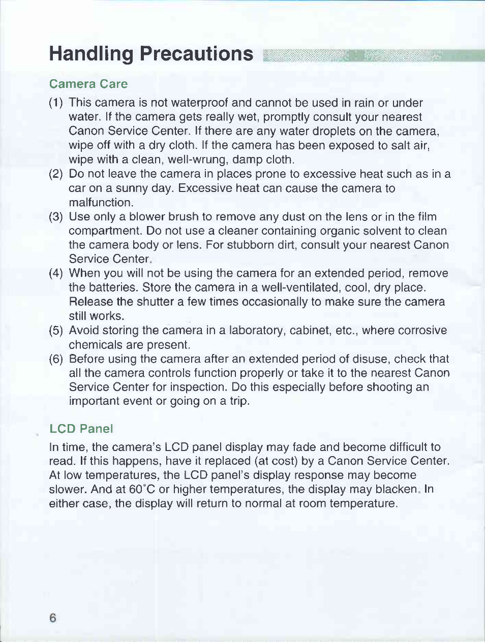 Handling precautions, Camera care, Lcd panel | Canon EOS 3000 QD User Manual | Page 6 / 72