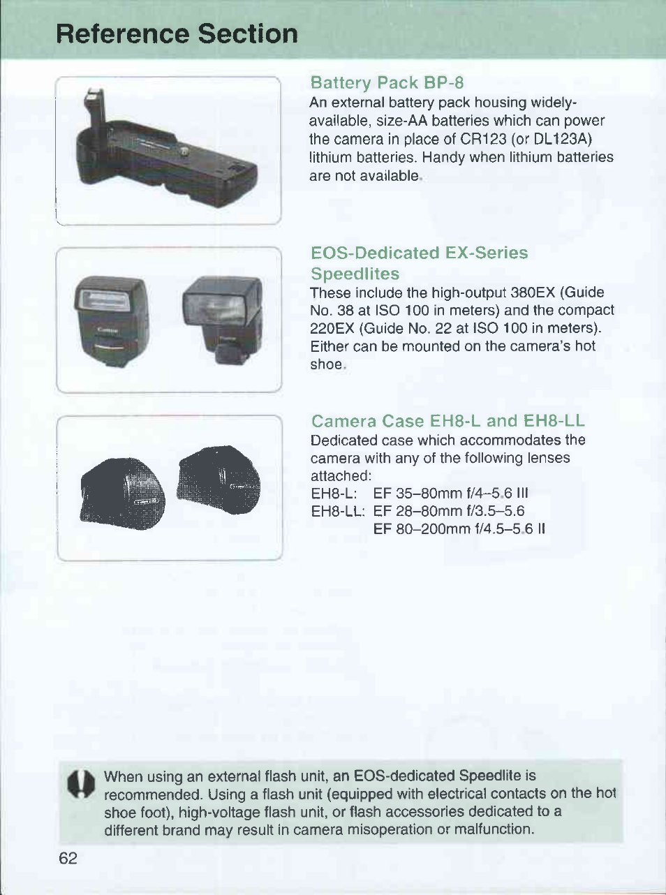 Battery pack bp-8, Eos-dedicated ex-series speedlites, Camera case eh8-l and eh8-ll | Canon EOS 3000 QD User Manual | Page 62 / 72