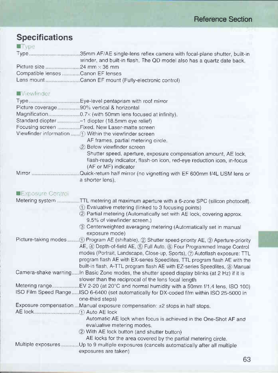 Specifications, I vpe, Viowfincic | Canon EOS 3000 QD User Manual | Page 63 / 72