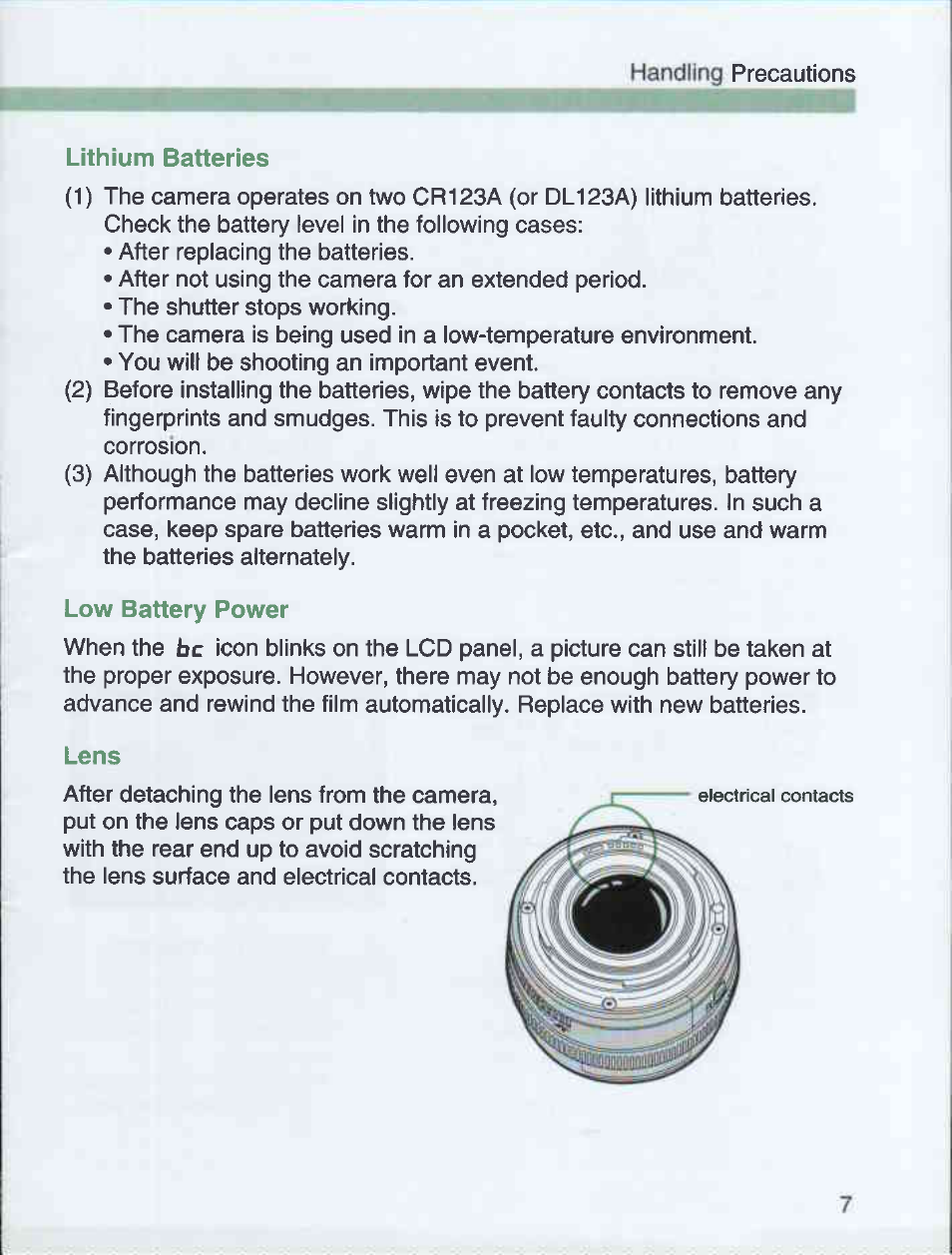 Lithium batteries, Low battery power, Lens | Canon EOS 3000 QD User Manual | Page 7 / 72