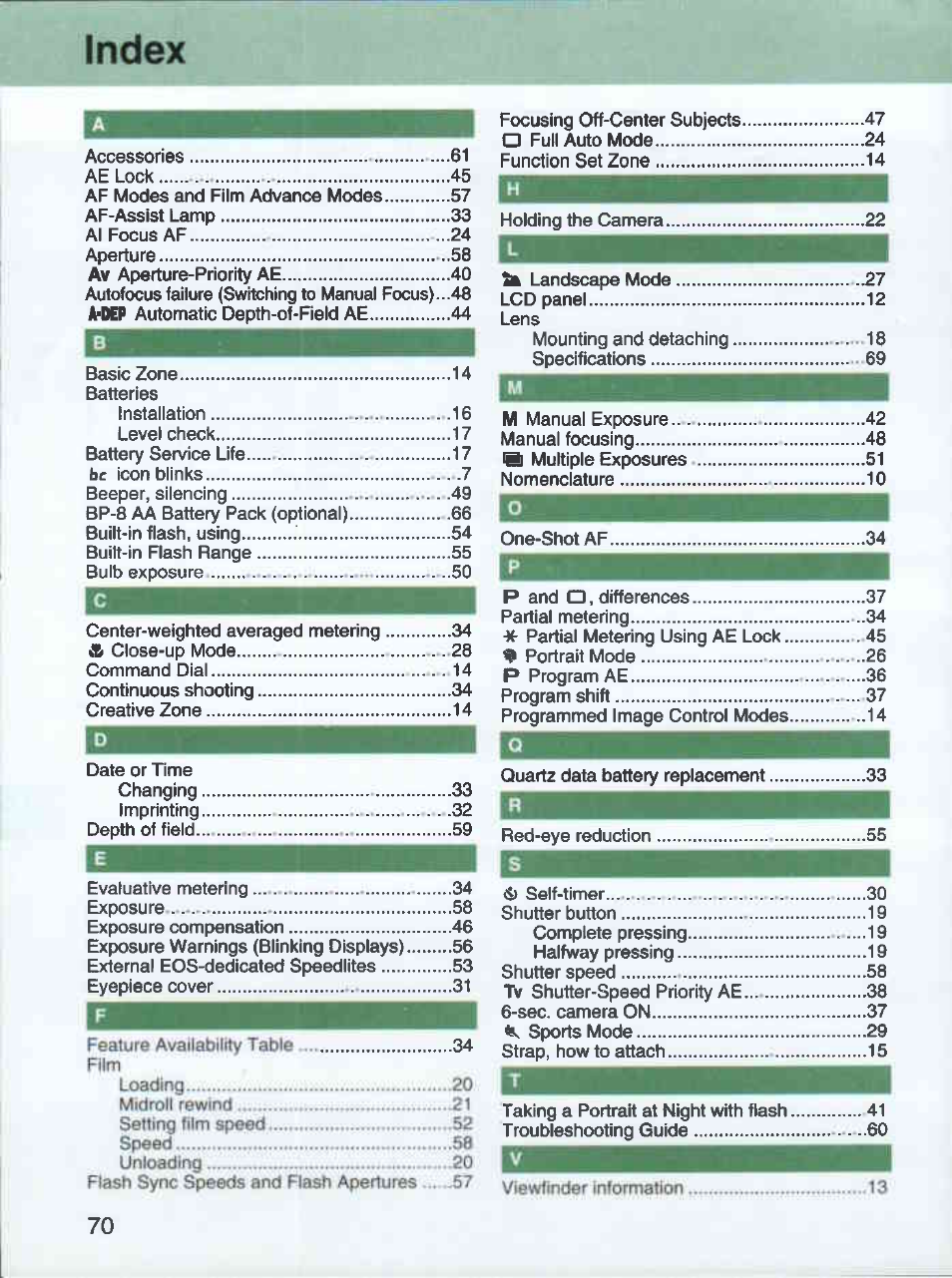 Index | Canon EOS 3000 QD User Manual | Page 70 / 72