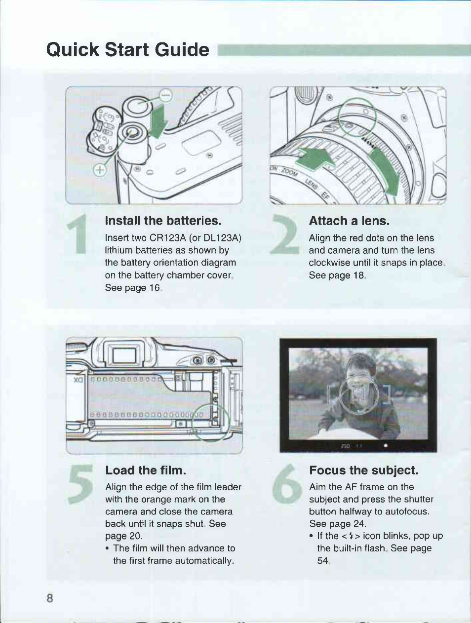 Install the batteries, Attach a lens, Load the film | Focus the subject, Quick start guide | Canon EOS 3000 QD User Manual | Page 8 / 72