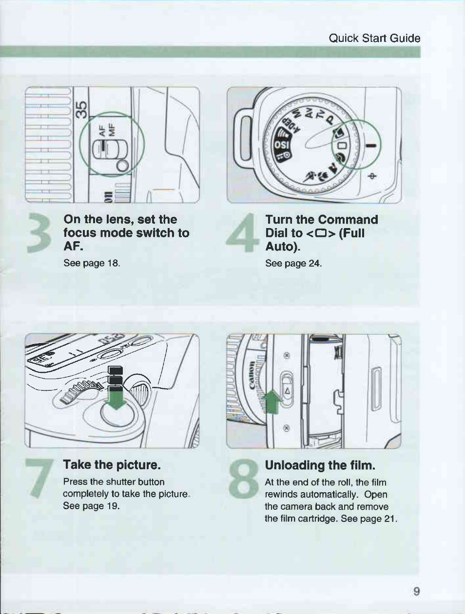 On the lens, set the focus mode switch to af, Turn the command dial to <0> (full auto), Take the picture | Unioading the fiim | Canon EOS 3000 QD User Manual | Page 9 / 72
