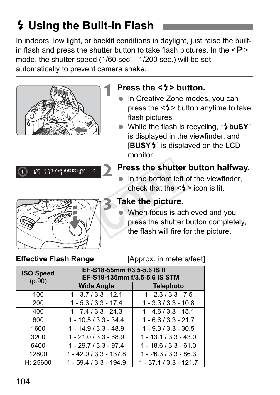 Cop y, Dusing the built-in flash | Canon 650D User Manual | Page 104 / 372