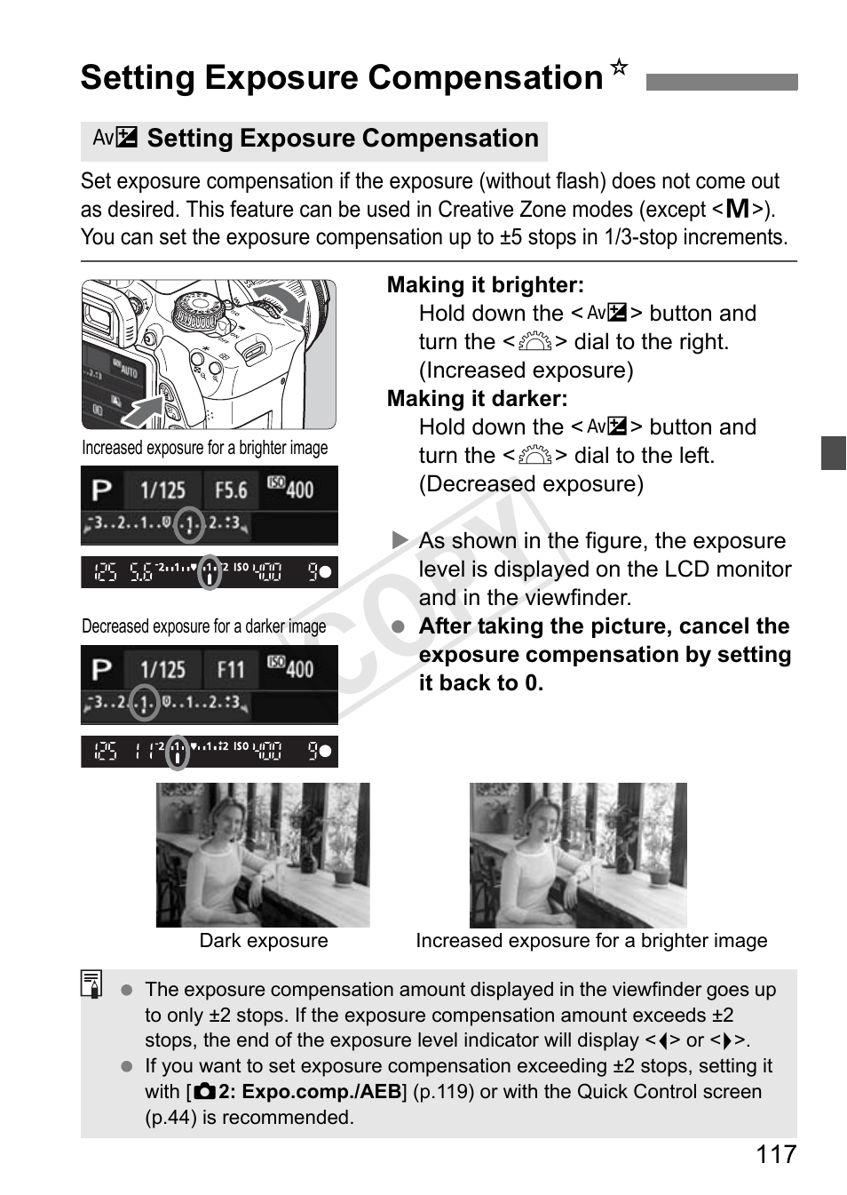 Cop y, Setting exposure compensation n | Canon 650D User Manual | Page 117 / 372