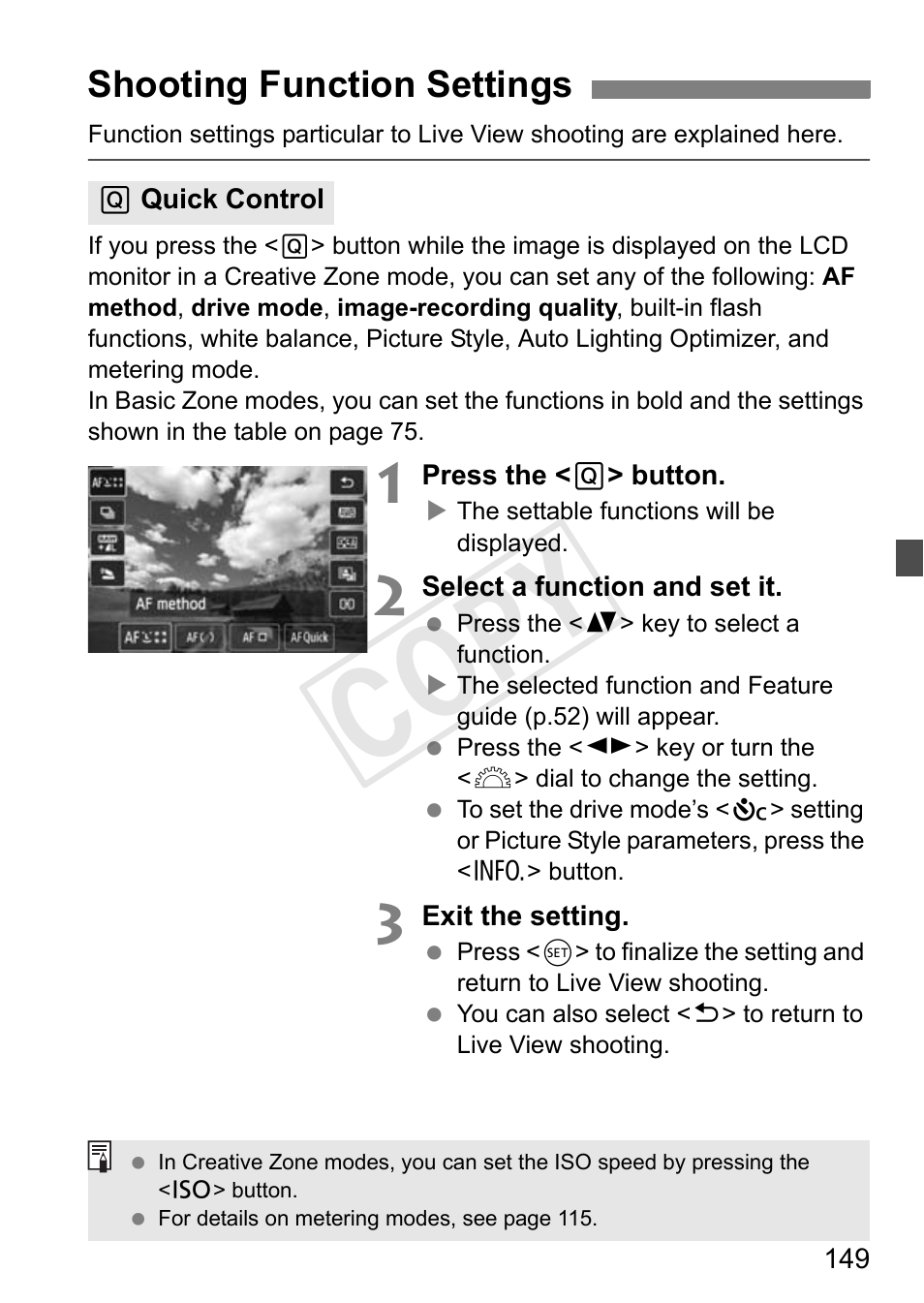 Cop y, Shooting function settings | Canon 650D User Manual | Page 149 / 372