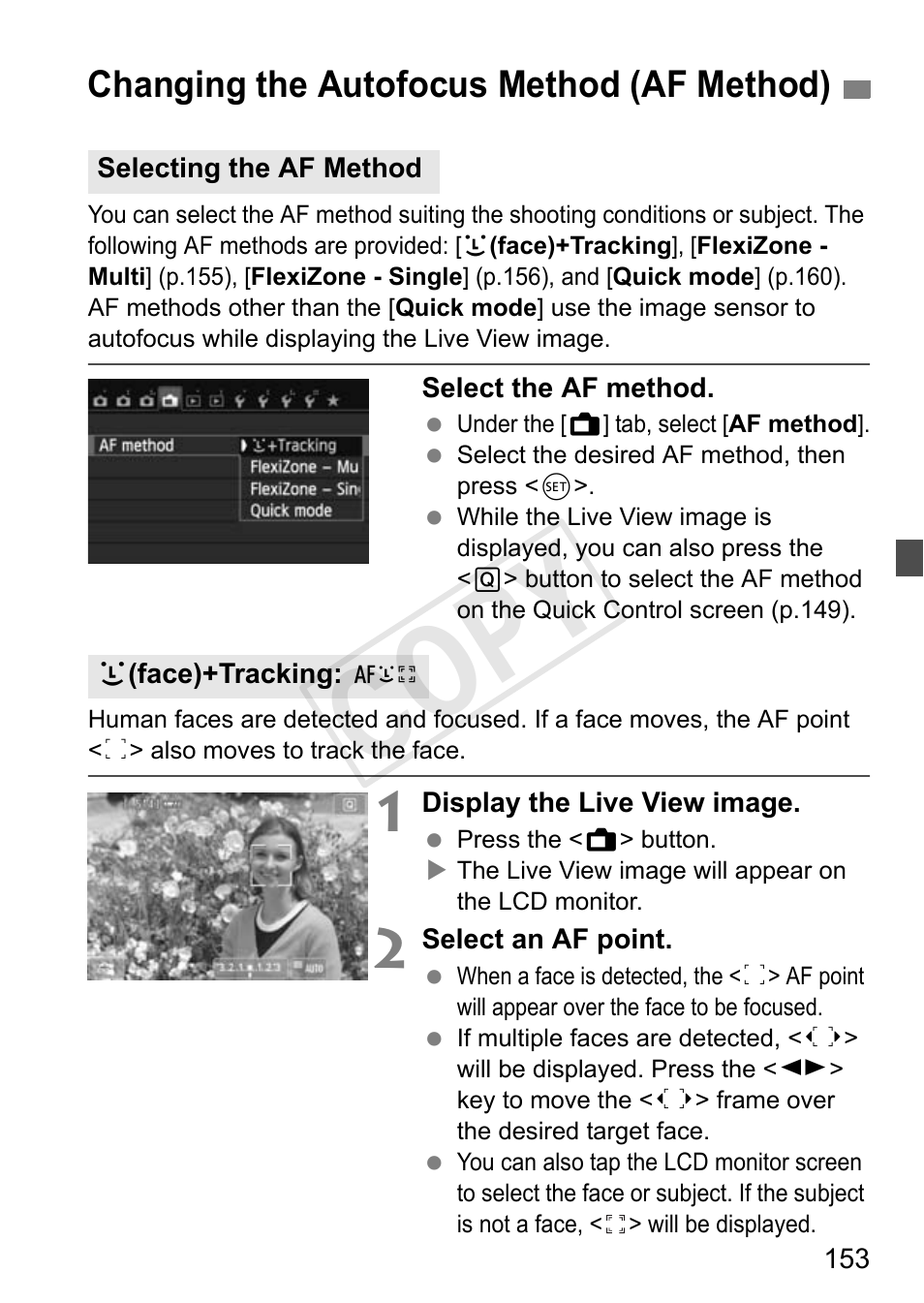 Cop y, Changing the autofocus method (af method) | Canon 650D User Manual | Page 153 / 372