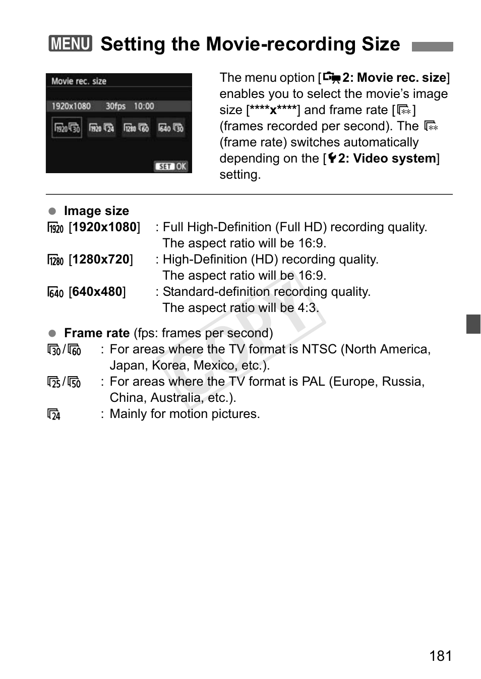 Cop y, 3setting the movie-recording size | Canon 650D User Manual | Page 181 / 372