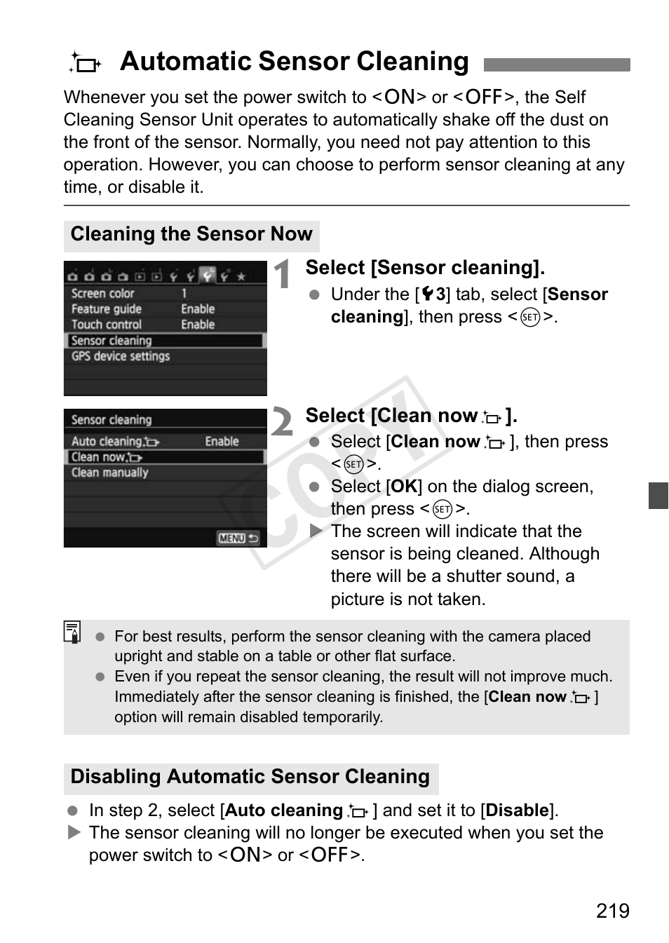 Cop y, Fautomatic sensor cleaning | Canon 650D User Manual | Page 219 / 372