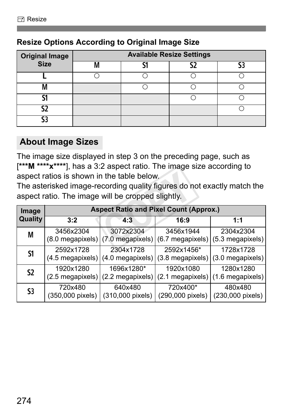 Cop y, About image sizes | Canon 650D User Manual | Page 274 / 372