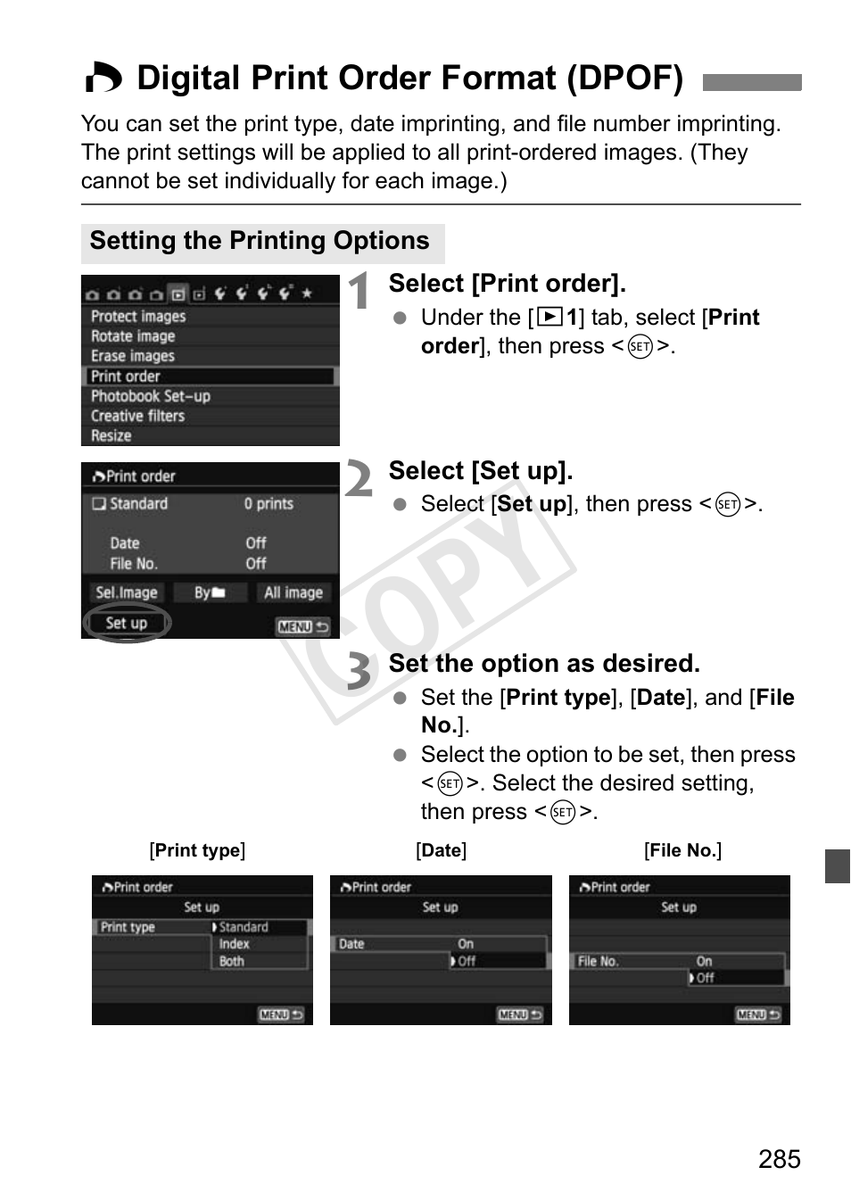Cop y, W digital print order format (dpof) | Canon 650D User Manual | Page 285 / 372
