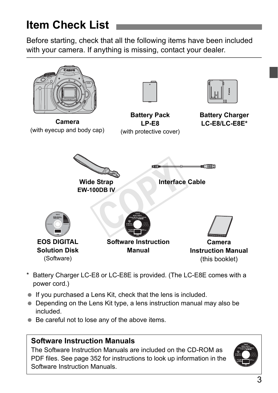 Cop y, Item check list | Canon 650D User Manual | Page 3 / 372