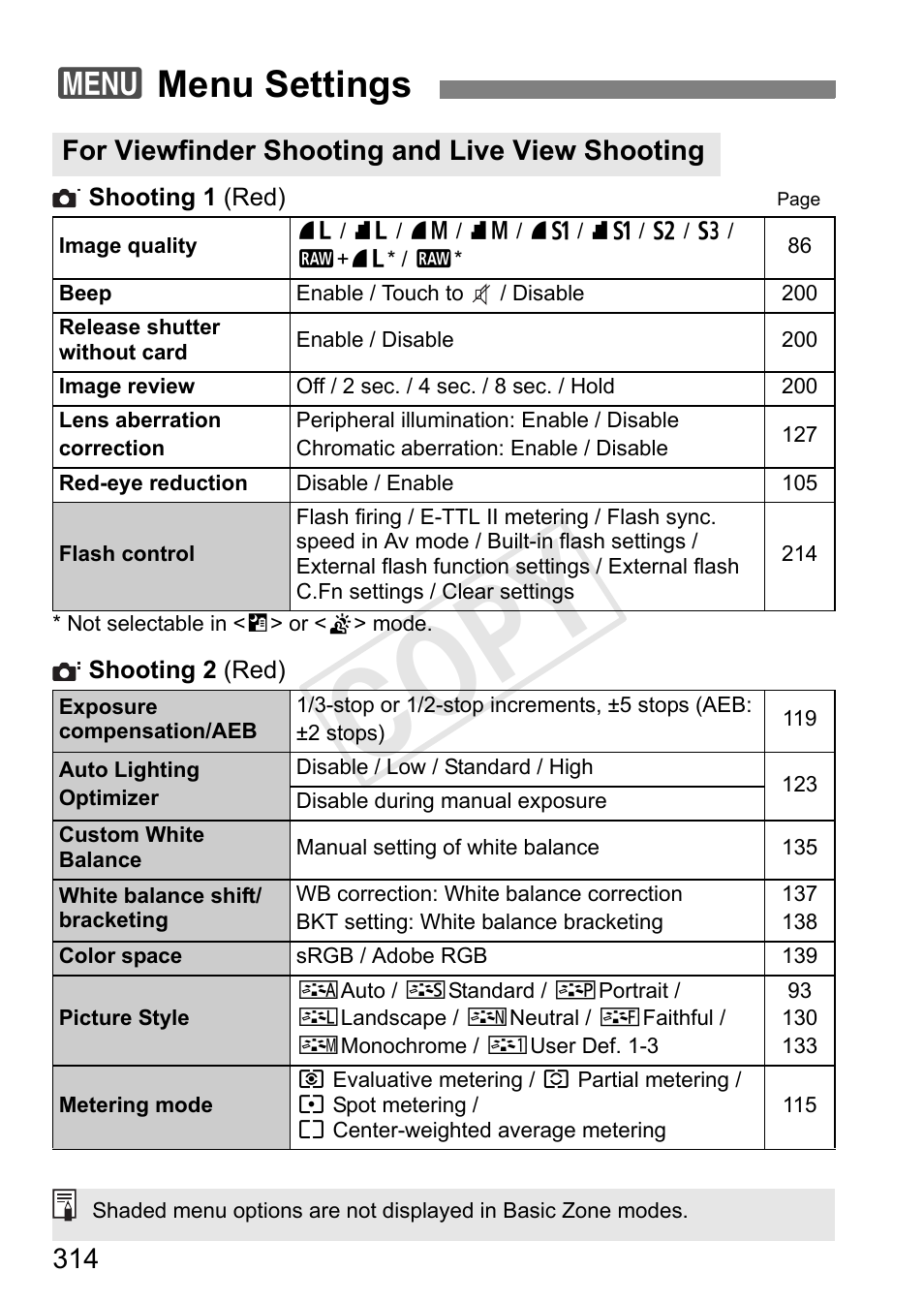 Cop y, 3menu settings, For viewfinder shooting and live view shooting | Canon 650D User Manual | Page 314 / 372