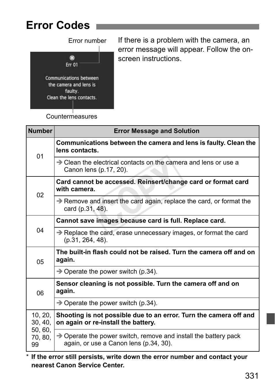 Cop y, Error codes | Canon 650D User Manual | Page 331 / 372