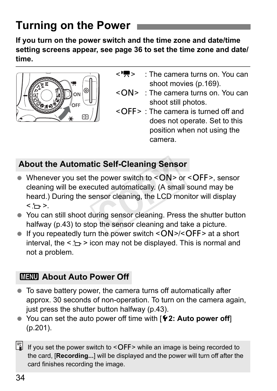 Cop y, Turning on the power | Canon 650D User Manual | Page 34 / 372