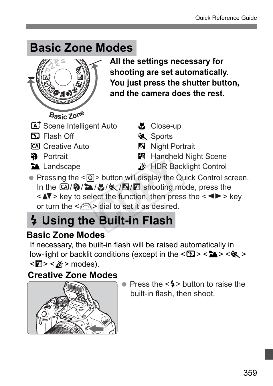 Cop y, D using the built-in flash, Basic zone modes | Canon 650D User Manual | Page 359 / 372