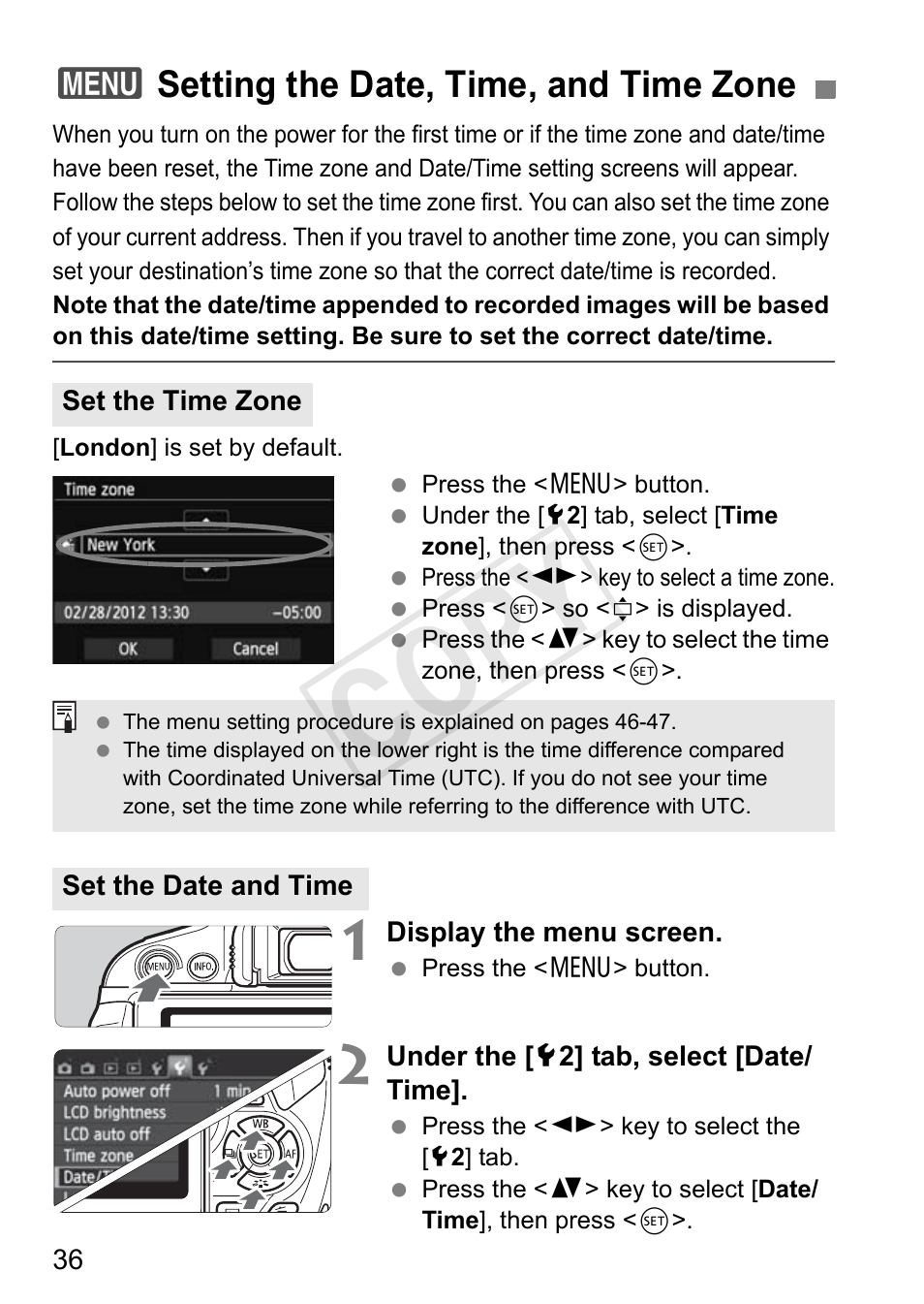 Cop y, 3setting the date, time, and time zone | Canon 650D User Manual | Page 36 / 372