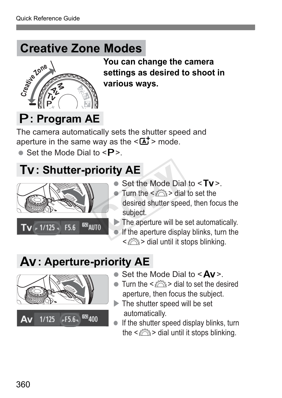 Cop y, Creative zone modes, D : program ae | S : shutter-priority ae f : aperture-priority ae | Canon 650D User Manual | Page 360 / 372