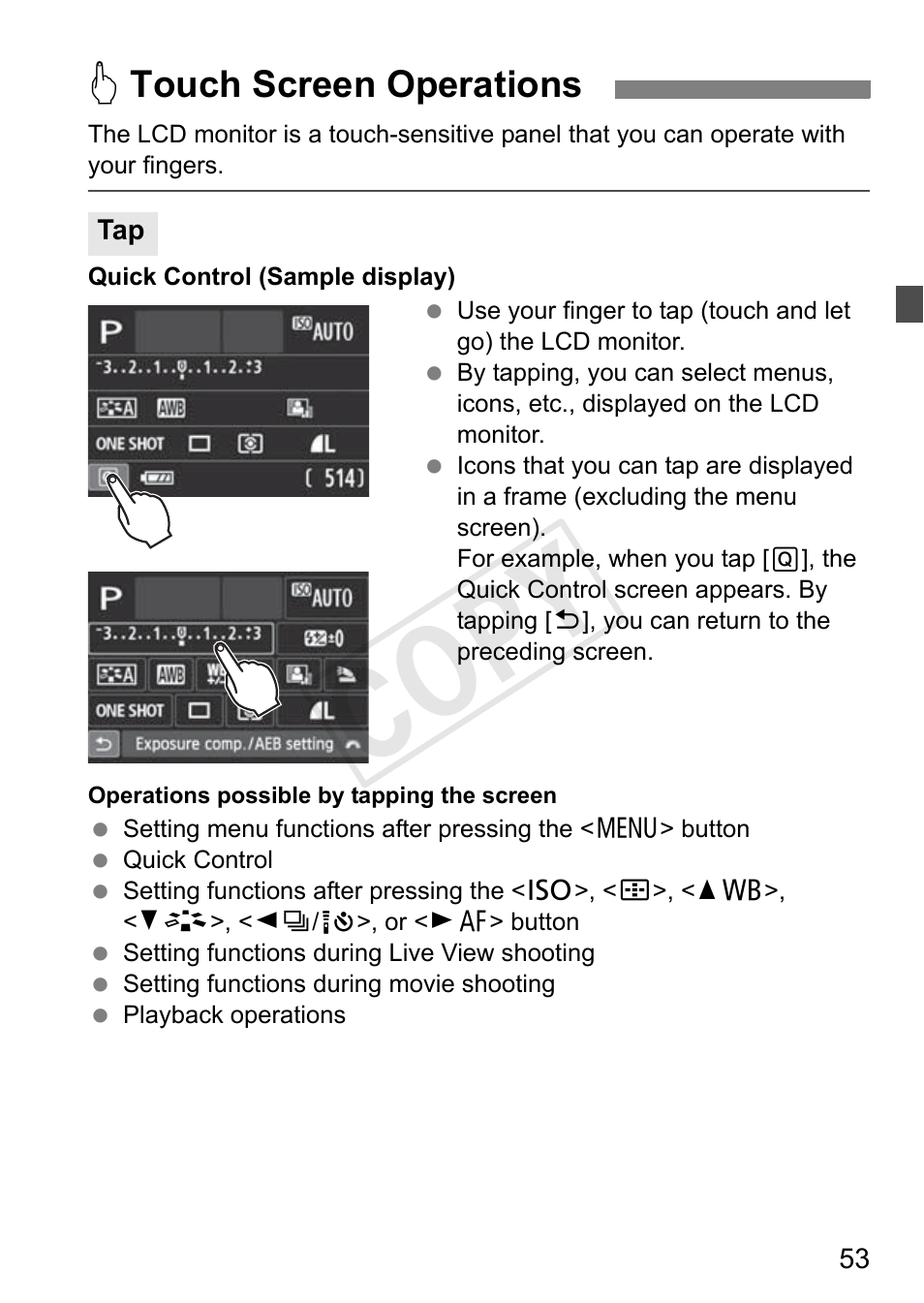 Cop y, Dtouch screen operations | Canon 650D User Manual | Page 53 / 372