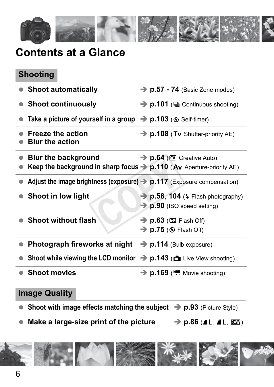 Cop y, Contents at a glance | Canon 650D User Manual | Page 6 / 372