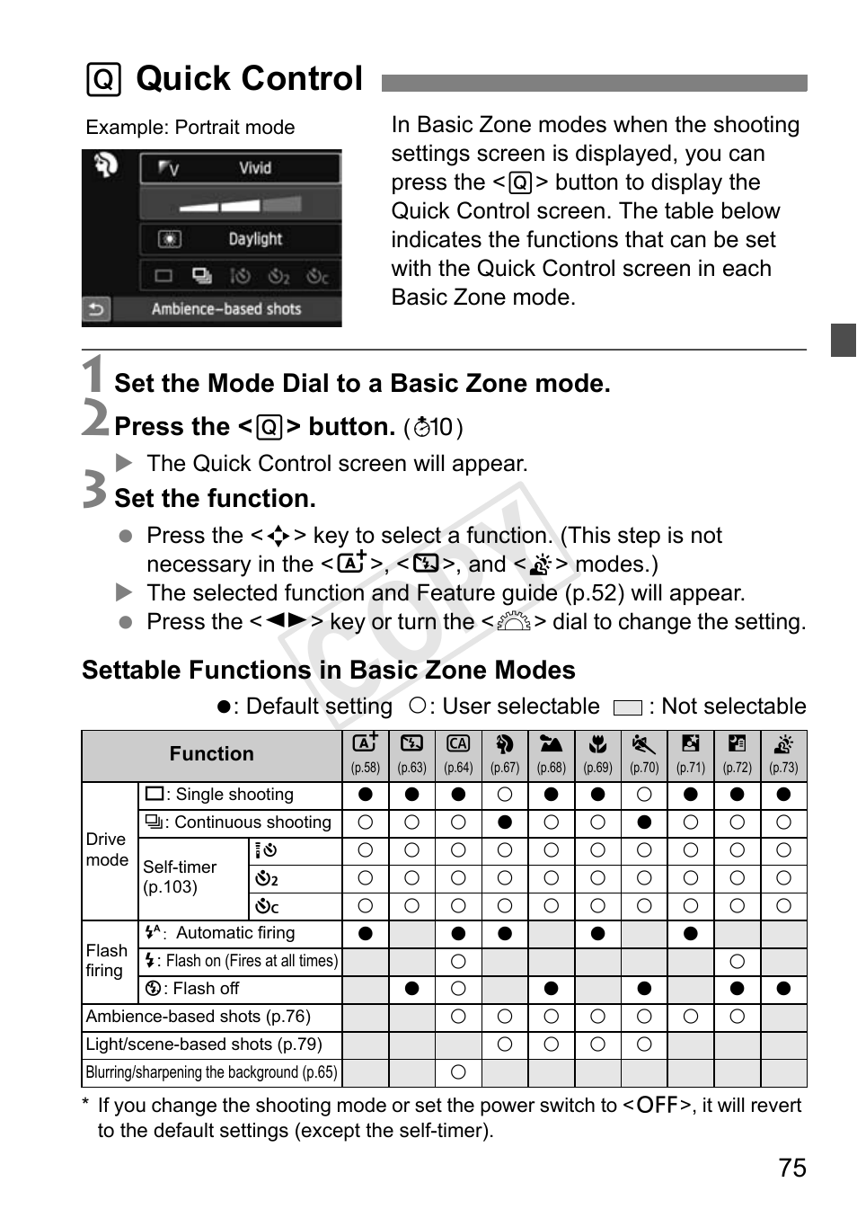 Cop y, Qquick control, Set the mode dial to a basic zone mode | Press the < q > button, Set the function, Settable functions in basic zone modes | Canon 650D User Manual | Page 75 / 372