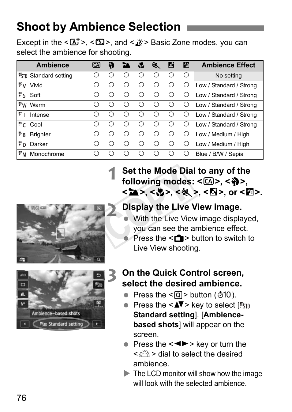 Cop y, Shoot by ambience selection, Display the live view image | Canon 650D User Manual | Page 76 / 372