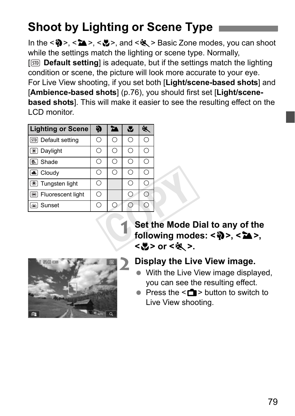 Cop y, Shoot by lighting or scene type | Canon 650D User Manual | Page 79 / 372