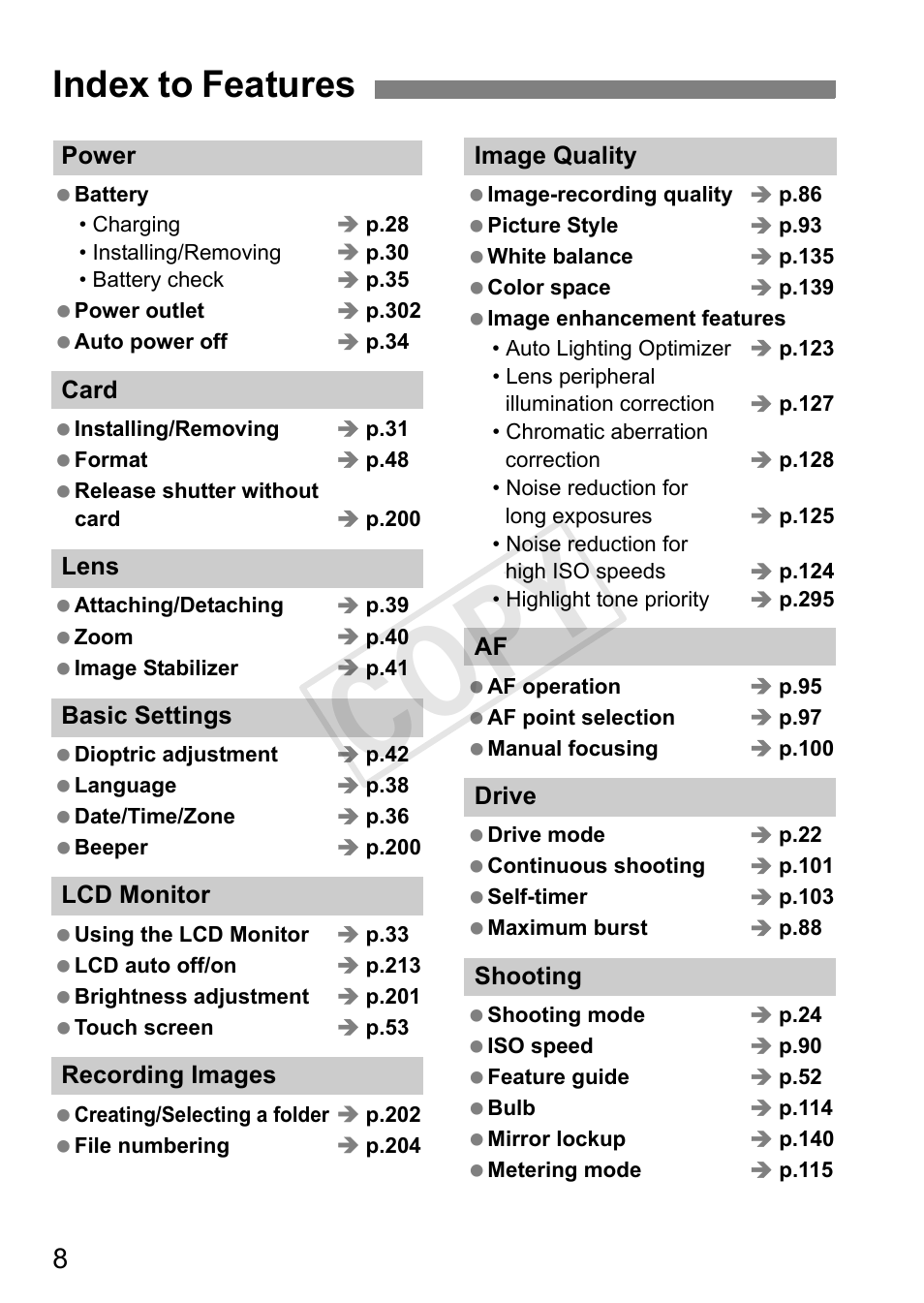 Cop y, Index to features | Canon 650D User Manual | Page 8 / 372