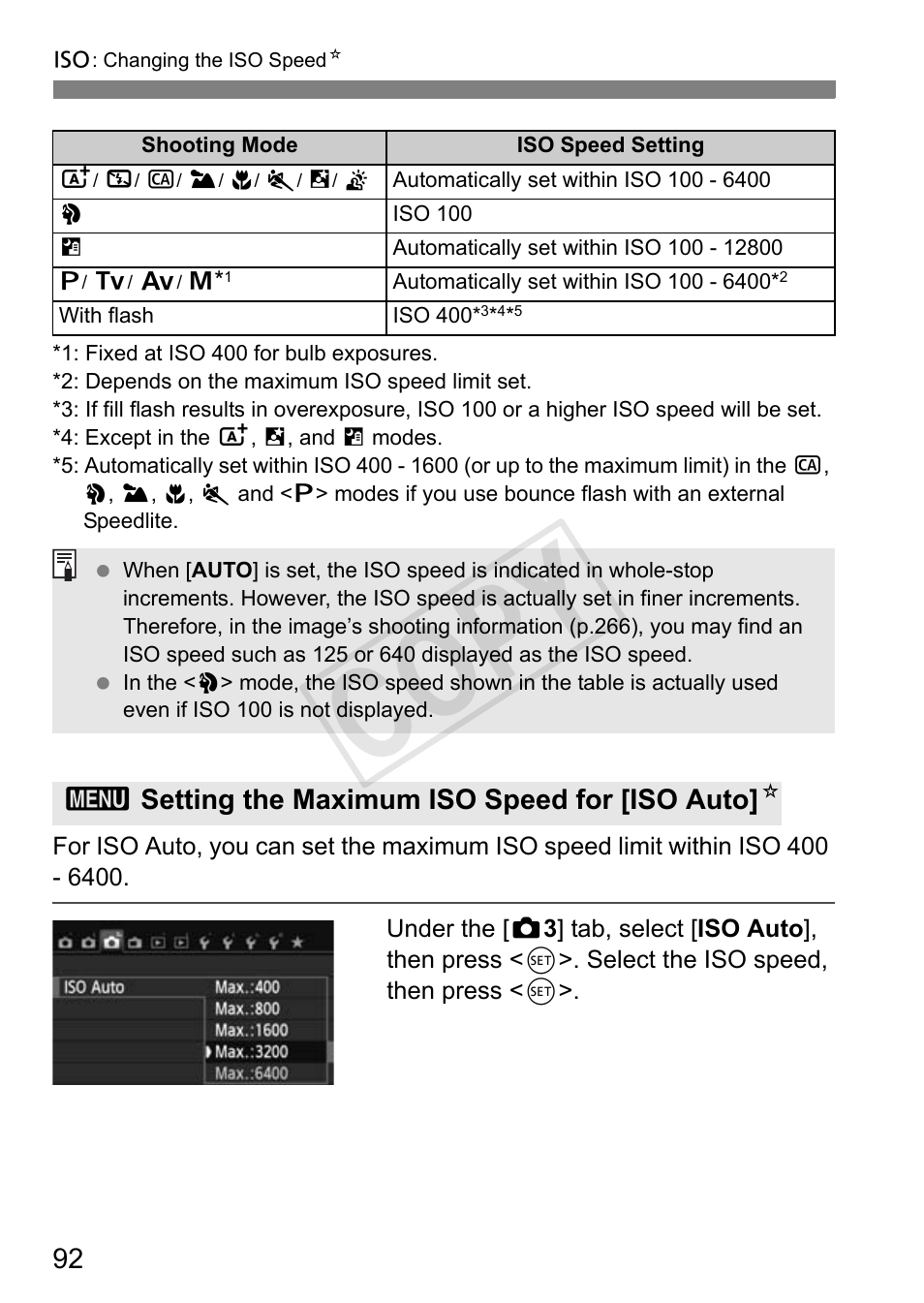 Cop y, 3setting the maximum iso speed for [iso auto] n | Canon 650D User Manual | Page 92 / 372