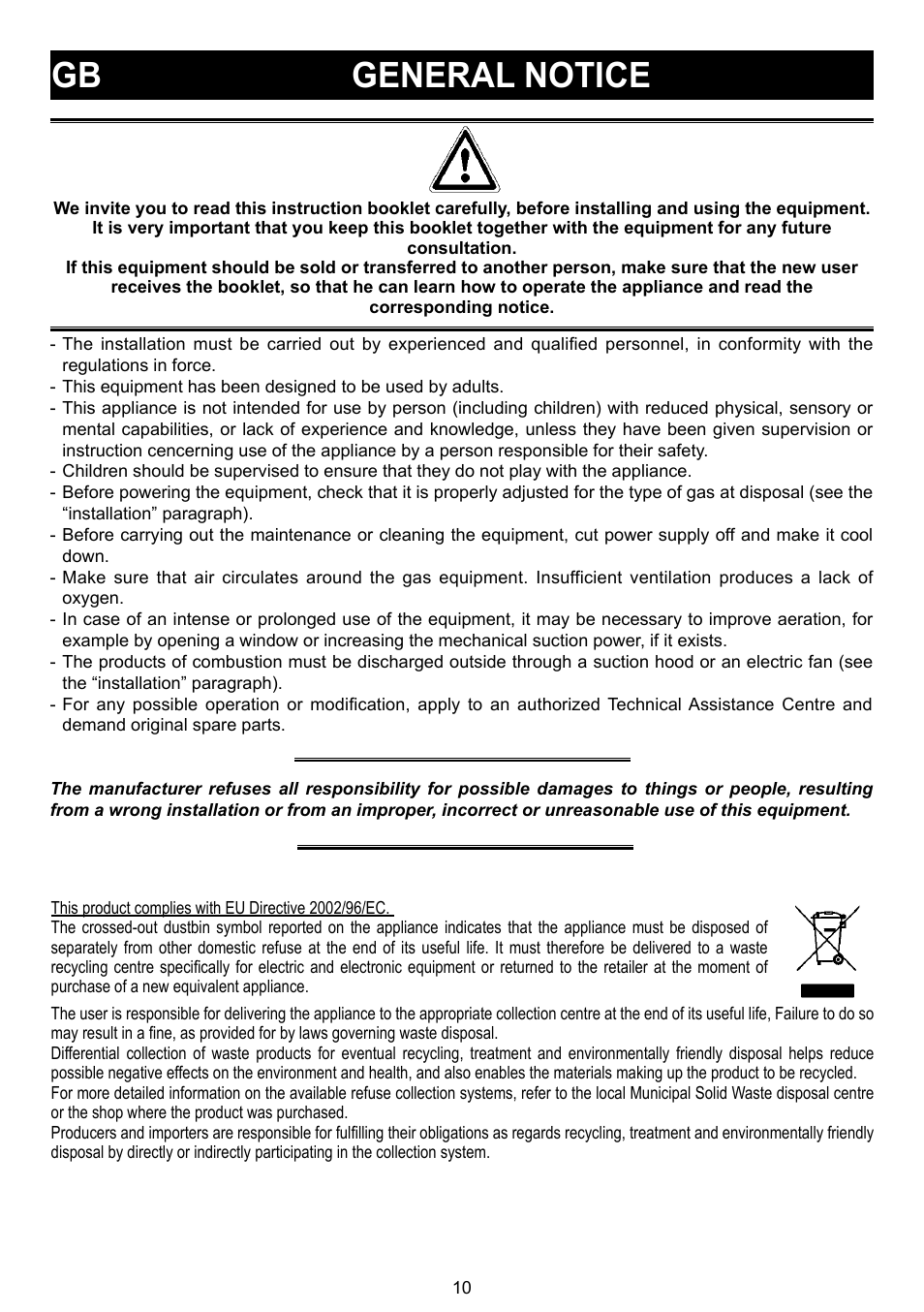 Gb general notice | Bompani BO 210 VB/N User Manual | Page 10 / 36