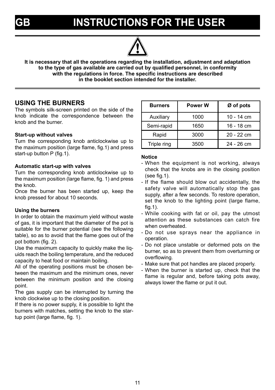 Gb instructions for the user, Using the burners | Bompani BO 210 VB/N User Manual | Page 11 / 36