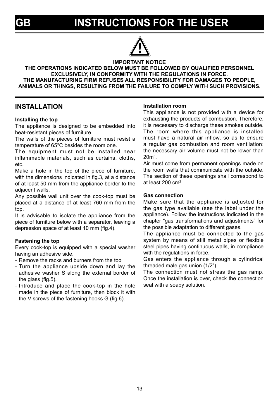 Gb instructions for the user, Installation | Bompani BO 210 VB/N User Manual | Page 13 / 36