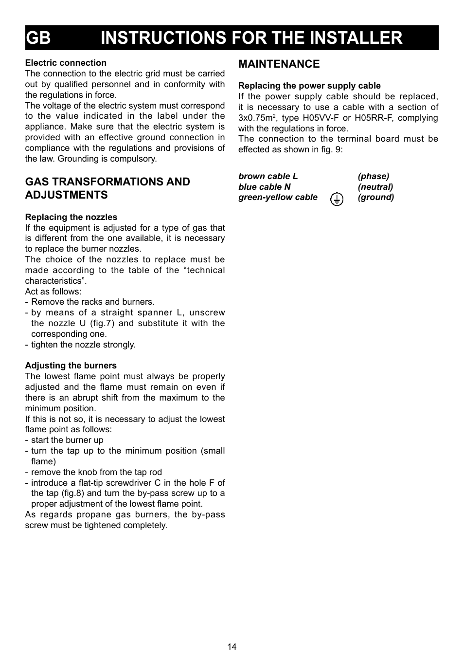 Gb instructions for the installer | Bompani BO 210 VB/N User Manual | Page 14 / 36