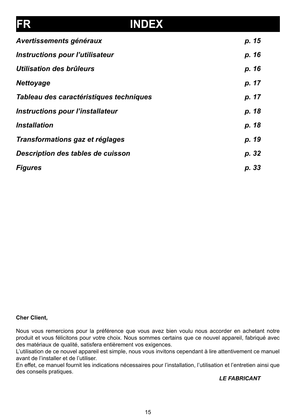 Fr index | Bompani BO 210 VB/N User Manual | Page 15 / 36