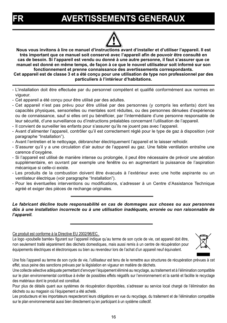 Fr avertissements generaux | Bompani BO 210 VB/N User Manual | Page 16 / 36