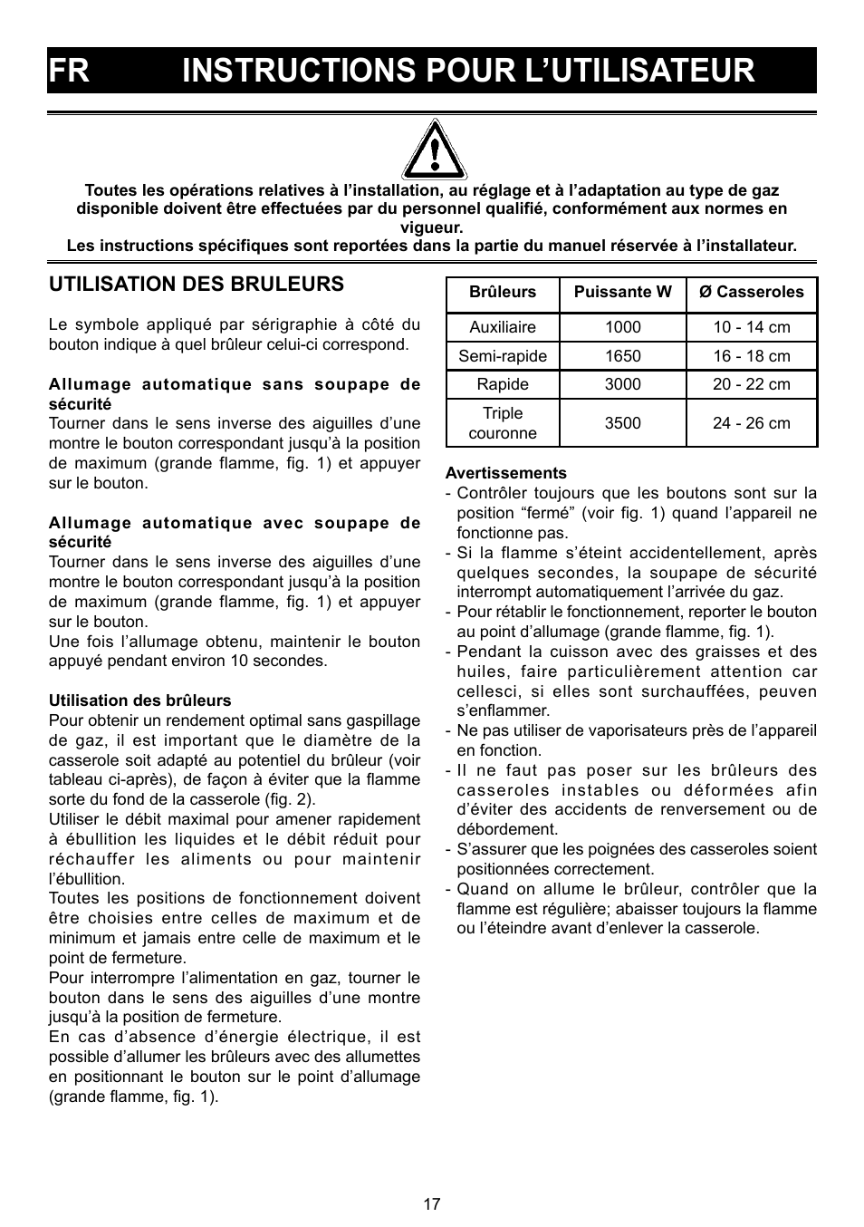 Fr instructions pour l’utilisateur, Utilisation des bruleurs | Bompani BO 210 VB/N User Manual | Page 17 / 36